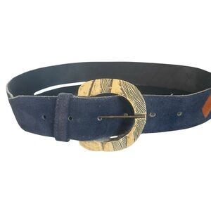 Vintage Blue Suede Leather Belt with Orange Diamond Inlay & Western Buckle - 39”